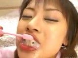 Asian Teen Girl brushing her teeth with Cum