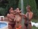 4 Very Busty Hot Babes Showring Together In Da Pool!