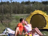  Excited Couple Drill In Their Campout Tent 